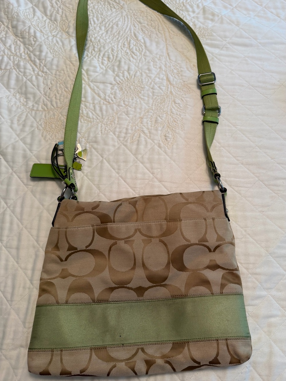 Coach Beige Monogram Crossbody with Green Trim - Picture 2 of 3